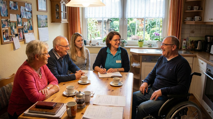 Pflegeberaterin sitzt mit Familie am Tisch und macht sich Notizen
