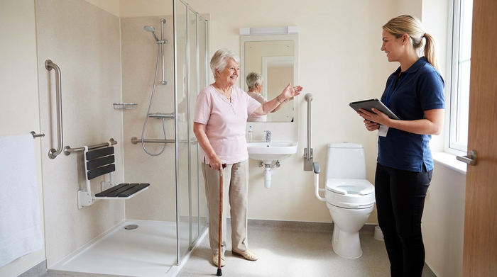 Seniorin zeigt Pflegeberaterin ihr barrierefreies Badezimmer