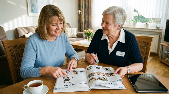 Tochter und Pflegeberaterin besprechen gemeinsam Hilfsmittelkatalog