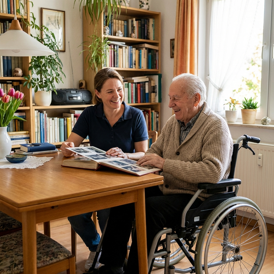 Freundliche Pflegekraft betreut Senior in dessen Zuhause