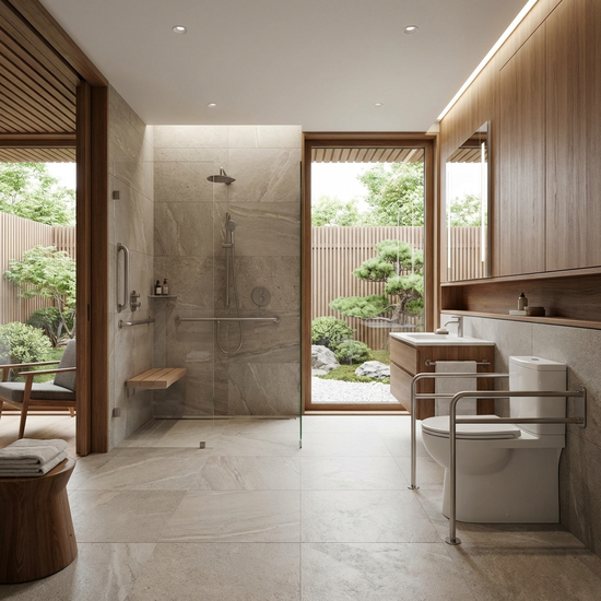Modernes, barrierefreies Badezimmer mit ebenerdiger Dusche und Haltegriffen