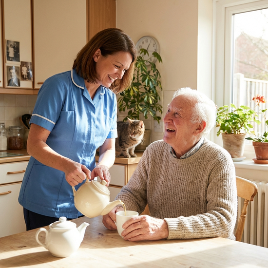 Freundliche Pflegerin gießt einem lächelnden älteren Herrn am Küchentisch Tee ein