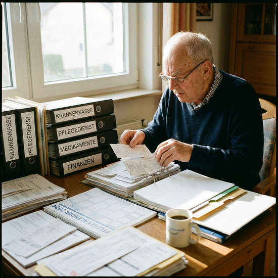 Pflegender Angehöriger sortiert übersichtlich Belege und Dokumente in Mappen auf einem Schreibtisch