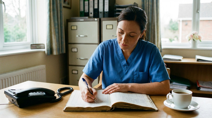 Pflegekraft notiert sorgfältig Zeiten in einem Dokumentationsheft neben einem Telefon auf dem Tisch