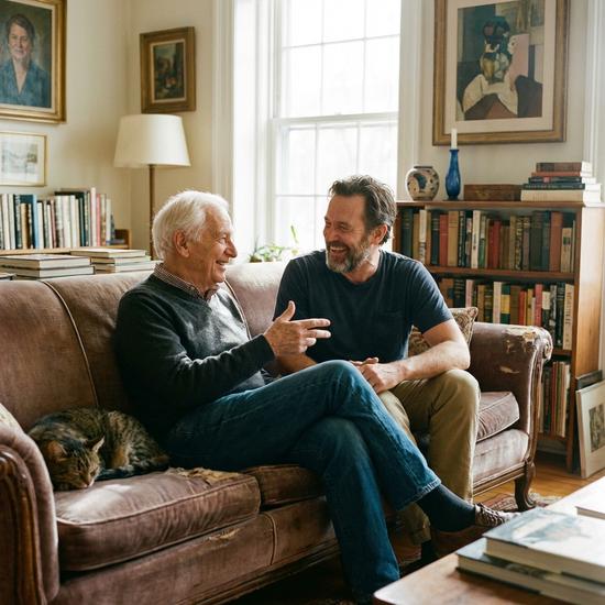 Sohn und älterer Vater sitzen entspannt gemeinsam auf dem Sofa und unterhalten sich