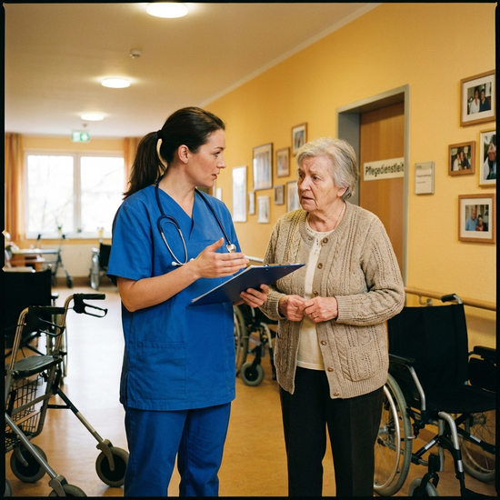 Professionelle Pflegekraft und pflegende Angehörige besprechen sich im Flur