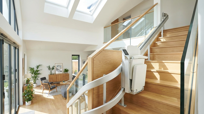 Moderner Treppenlift in einem hellen, gut ausgeleuchteten Einfamilienhaus