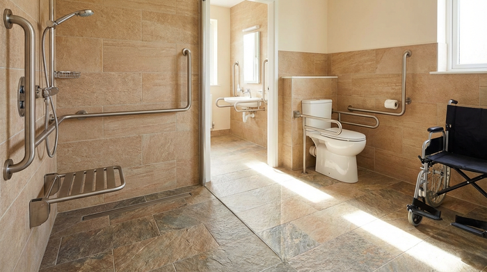 Barrierefreies Badezimmer mit bodengleicher Dusche und stabilen Haltegriffen