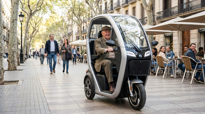 Senior fährt sicher und entspannt mit einem modernen Elektromobil auf einem Gehweg