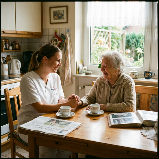 Freundliche Pflegefachkraft im Gespräch mit einer älteren Dame am Küchentisch