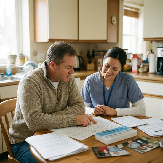 Pflegender Sohn und Pflegefachkraft schauen gemeinsam auf Notizen
