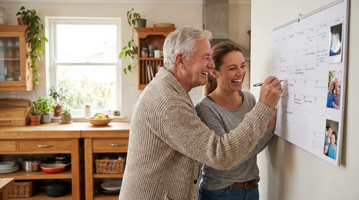Älterer Herr und seine Tochter tragen mit einem Stift Termine in einen Wandkalender ein