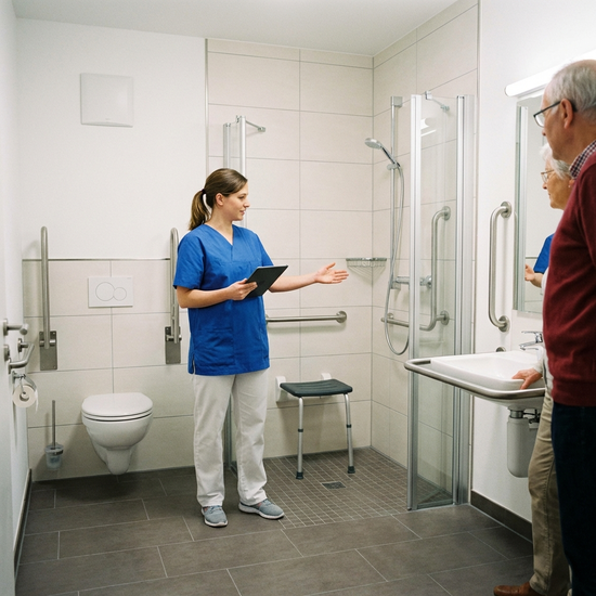 Pflegefachkraft begutachtet ein barrierefreies Badezimmer mit Haltegriffen