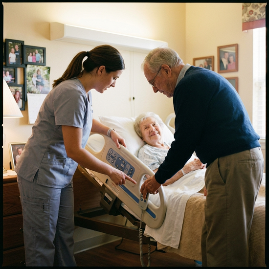 Pflegekraft zeigt Angehörigem die korrekte Höheneinstellung eines Pflegebettes
