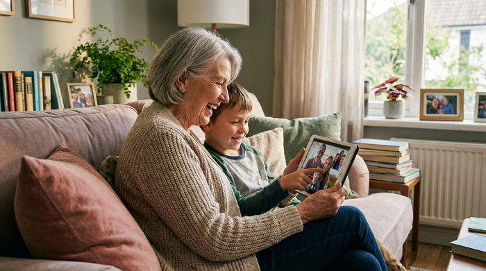 Seniorin sitzt lächelnd mit ihrem Enkel vor einem Tablet im Wohnzimmer