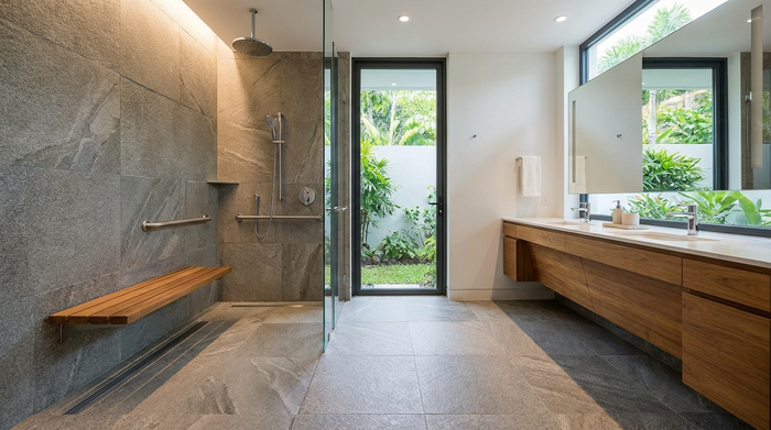 Modernes, ebenerdiges Badezimmer mit Duschsitz und rutschfesten Fliesen