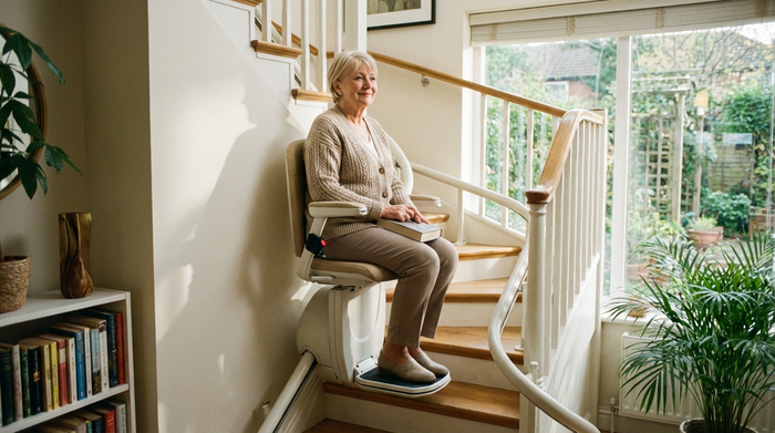 Seniorin fährt entspannt mit einem Treppenlift in die obere Etage