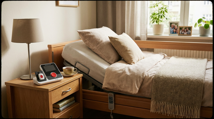 Hausnotruf-Gerät auf Nachttisch neben einem gemütlichen Pflegebett