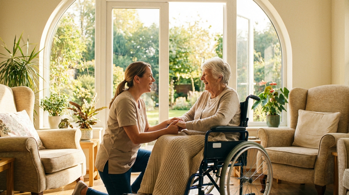 Freundliche Pflegekraft unterhält sich aufmunternd mit einer älteren Dame im Rollstuhl am großen hellen Fenster