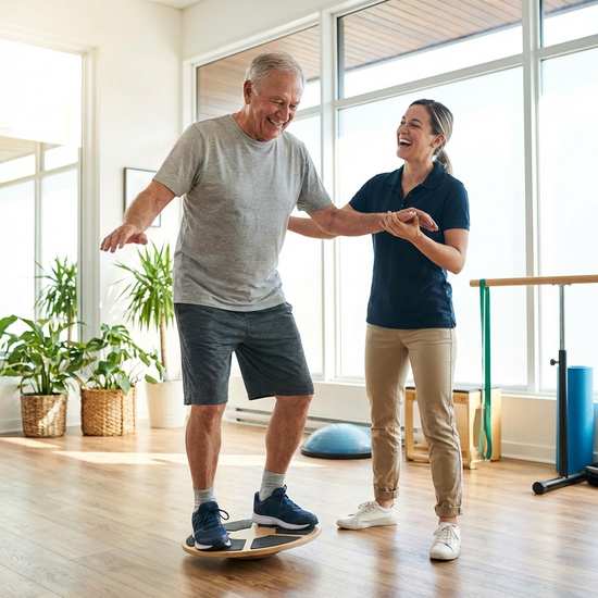 Älterer Herr bei physiotherapeutischen Übungen mit einer engagierten Therapeutin im hellen Raum
