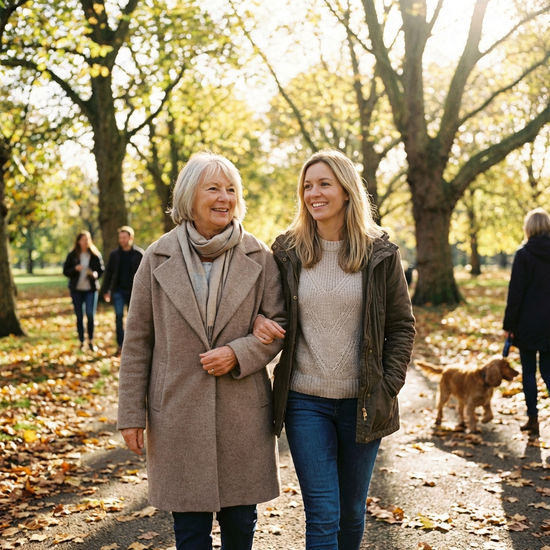 Seniorin genießt entspannt einen Spaziergang im Park gemeinsam mit ihrer Tochter