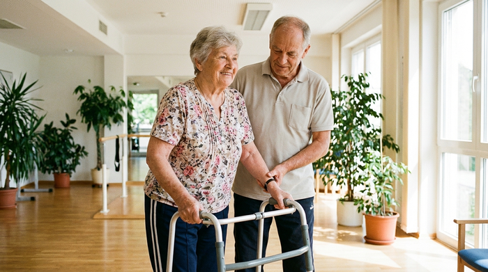 Therapeut unterstützt geduldig eine Seniorin bei den ersten sicheren Schritten