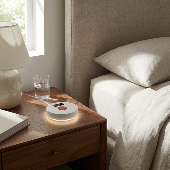 Modernes Hausnotruf-Gerät griffbereit auf einem Nachttisch direkt neben einem Bett platziert