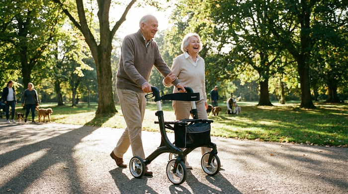 Älteres Ehepaar spaziert entspannt durch einen sonnigen Park, gestützt auf einen modernen Rollator