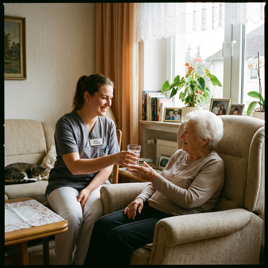 Professionelle Pflegerin reicht Seniorin ein Glas Wasser im eigenen Zuhause