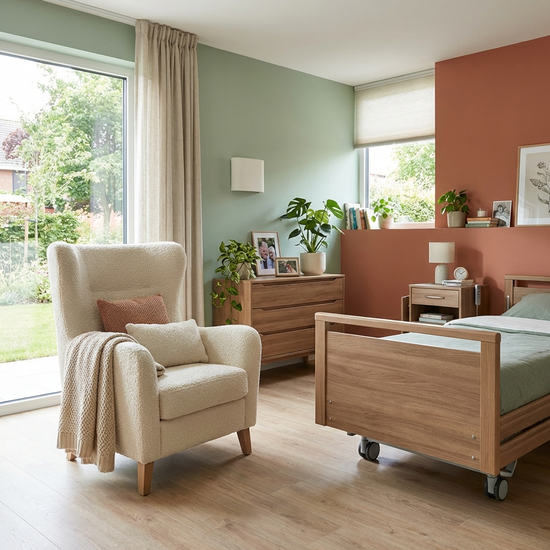 Modernes und freundliches Zimmer in einer Pflegeeinrichtung mit gemütlichem Sessel