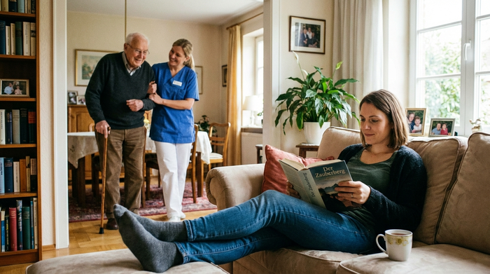 Tochter liest entspannt ein Buch auf dem Sofa, während ihr Vater im Hintergrund von einer Betreuungskraft begleitet wird
