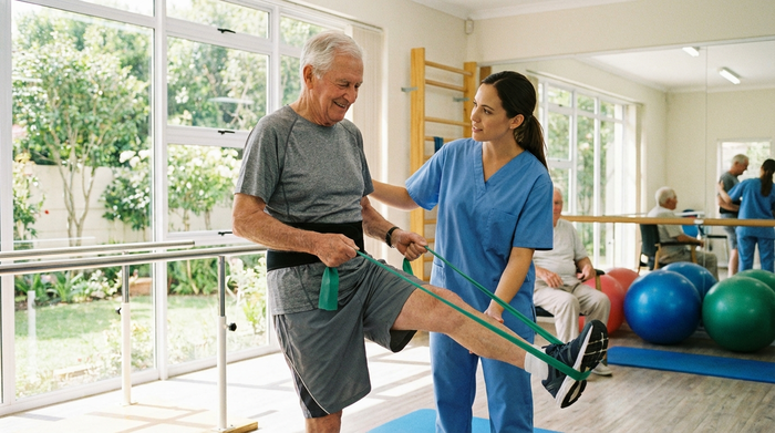 Senior bei Rehabilitationsübungen mit Physiotherapeut