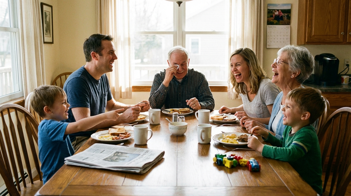 Familie sitzt gemeinsam lachend am Esstisch