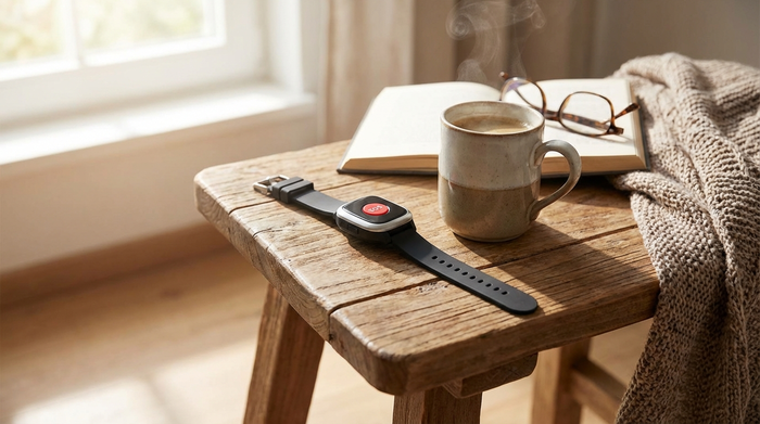 Hausnotruf-Armband liegt griffbereit auf einem kleinen Holztisch neben einer Kaffeetasse