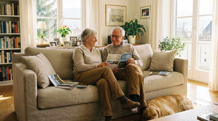 Älteres Ehepaar sitzt entspannt auf dem Sofa im hellen Wohnzimmer und betrachtet gemeinsam Informationsbroschüren