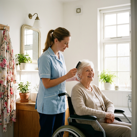 Pflegerin unterstützt Seniorin liebevoll beim Haarekämmen im hellen Badezimmer