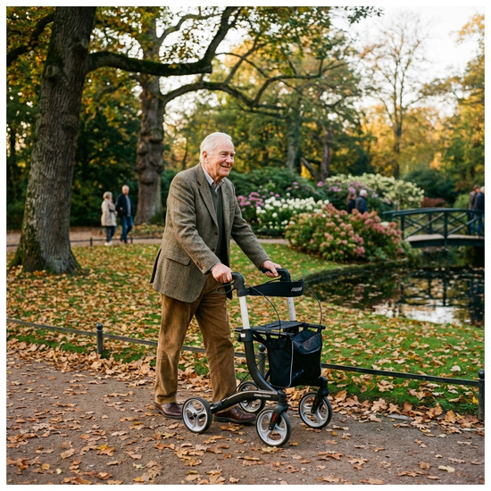 Senior geht sicher mit einem modernen Rollator durch eine gepflegte Parkanlage