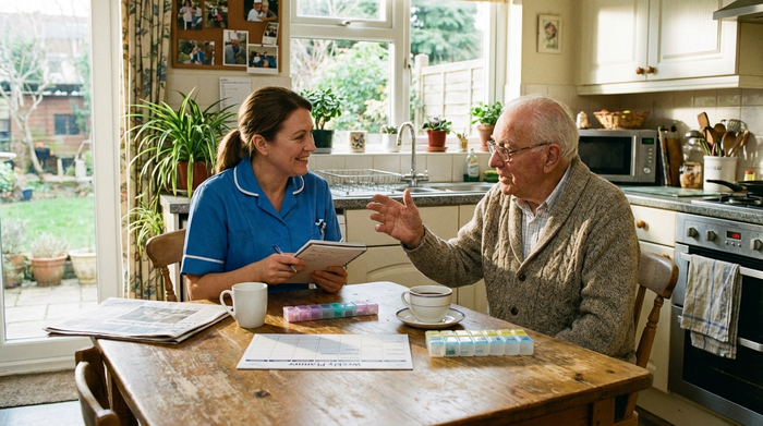 Pflegerin und Senior besprechen den Alltag am Küchentisch