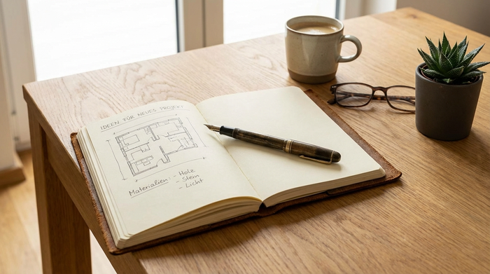 Aufgeschlagenes Notizbuch mit Stift liegt auf einem aufgeräumten Tisch