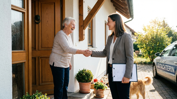Freundlicher Händedruck zwischen Gutachterin und Angehöriger an der Haustür