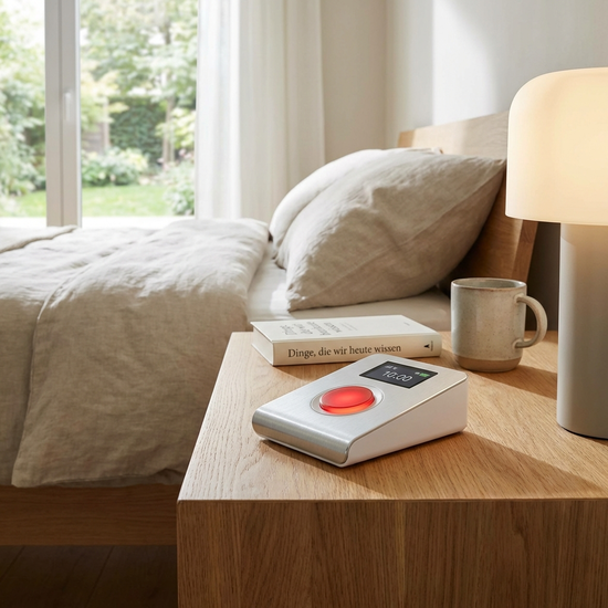 Modernes Hausnotruf-Gerät mit rotem Knopf auf einem Holz-Nachttisch