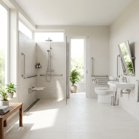 Helles, barrierefreies Badezimmer mit bodengleicher Dusche und Haltegriffen