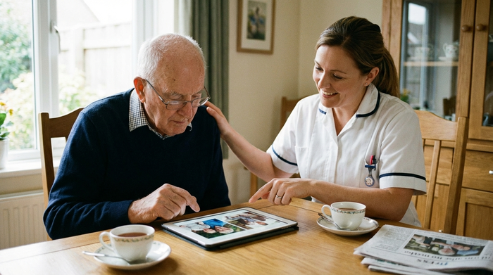 Älterer Herr betrachtet aufmerksam ein Tablet, das auf dem Tisch liegt, während eine Pflegerin unterstützend daneben sitzt