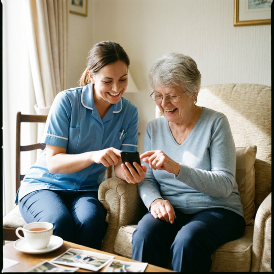 Pflegerin hilft Seniorin bei der Bedienung eines Smartphones