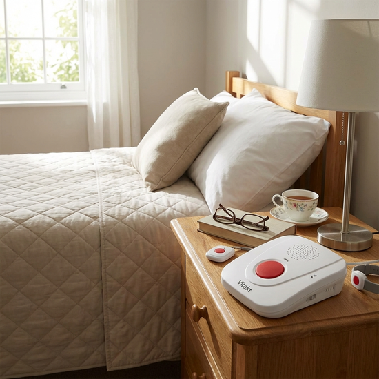 Hausnotruf-Gerät auf einem Nachttisch neben dem Bett