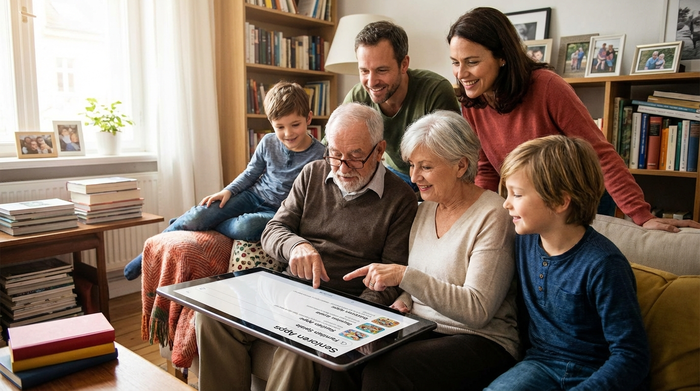 Angehörige suchen gemeinsam auf einem Tablet nach passenden Anwendungen