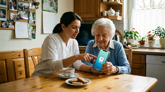 Pflegerin richtet eine Anwendung auf dem Smartphone einer Seniorin ein