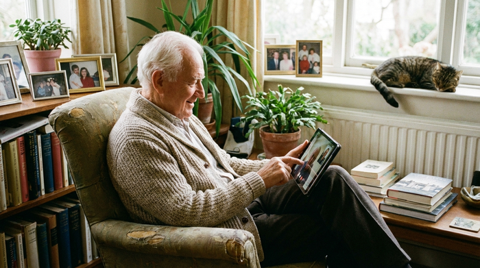 Älterer Herr nutzt selbstständig ein Tablet in seinem Wohnzimmer