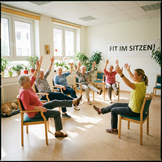 Senioren machen leichte Gymnastikübungen im Sitzen