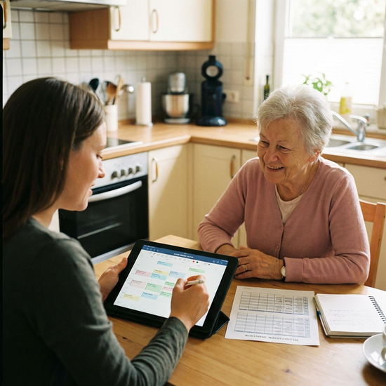 Tochter plant die Pflegetermine ihrer Mutter auf einem Tablet